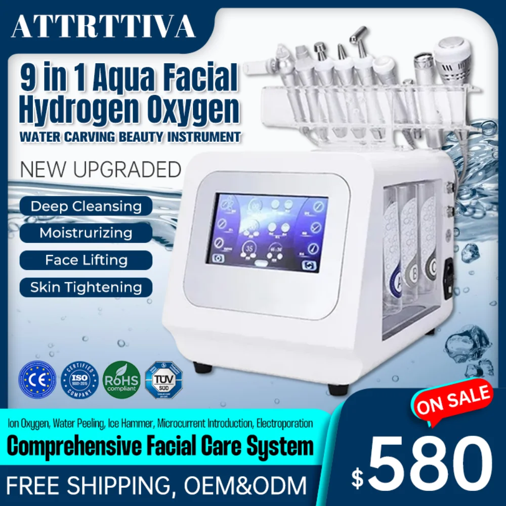 9 in 1 H2O2 Hydrogen Oxygen Comprehensive Facial Care Machine Water Carving Instrument Professional Beauty Salon Spa Device square water bath nitrogen blowing instrument nitrogen blowing instrument device square 12 position water bath nitrogen blowing