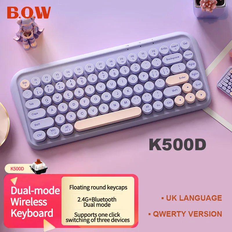 

B.O.W K500D Bluetooth Wireless Tone Keyboard Floating Round Keycaps Support Mobile Phone Ipad Tablet Apple Lenovo Huawei Laptop