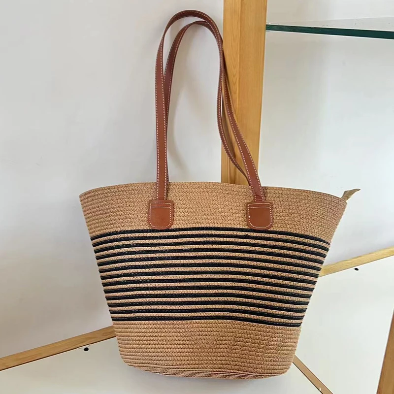 Bolsos de mano vintage para mujer, bolsos y carteras de diseñador de lujo, novedad de 2023, bolso de hombro de gran capacidad con rayas tejidas de papiro