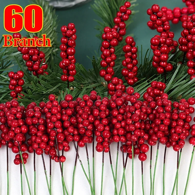 

60/1pcs Xmas Simulation Berry Branch Artificial Red Berries Flower Fruit Cherry Plant for Chriatmas Tree Home Party Decorations
