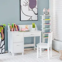 Kids Desk and Chair Set, Children Wooden School Learning Table w/Drawer & Storage Cabinets, Student Writing Computer Workstation 2