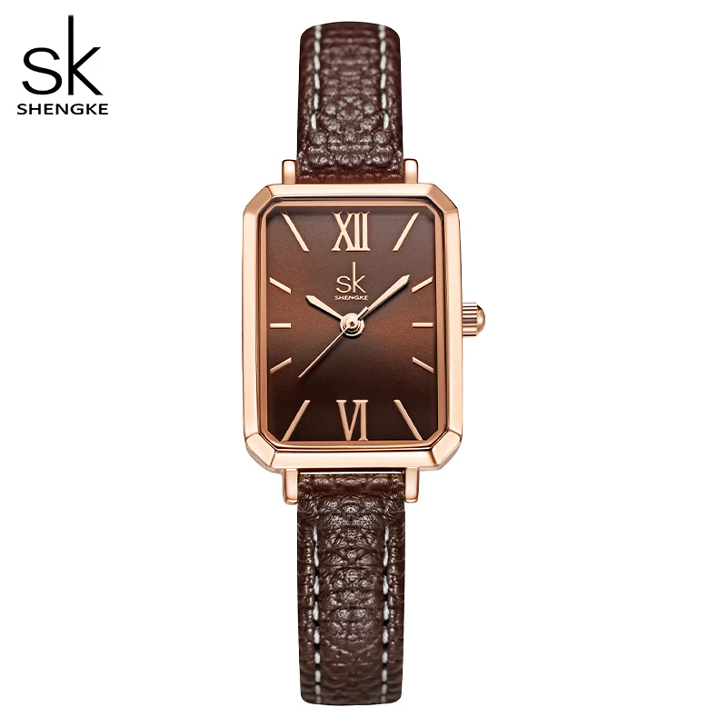 Shengke Brand Women Watches SK Fashion Square Ladies Quartz Watch Bracelet Gray Dial Simple Rose Gold Mesh Luxury Women Watches