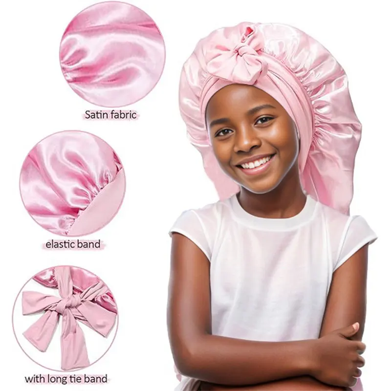 Kids Sleeping Cap Long Silk Bonnet Sleep with Tie Band Silk Hair Bonnets for Curly Natural Hair Bonnets for Girls Boys