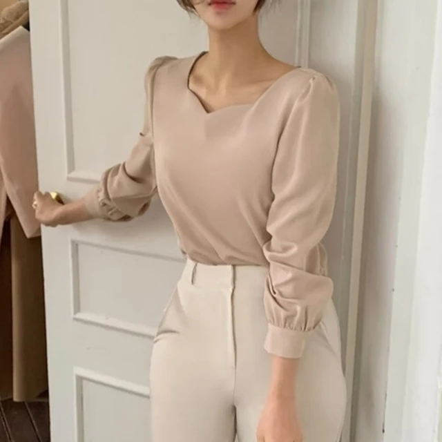Korean Style Chic Puff Long Sleeve Blouse Temperament Simple Square Collar Tops Versatile Pullover Soft Solid Color Shirt Blusas 4