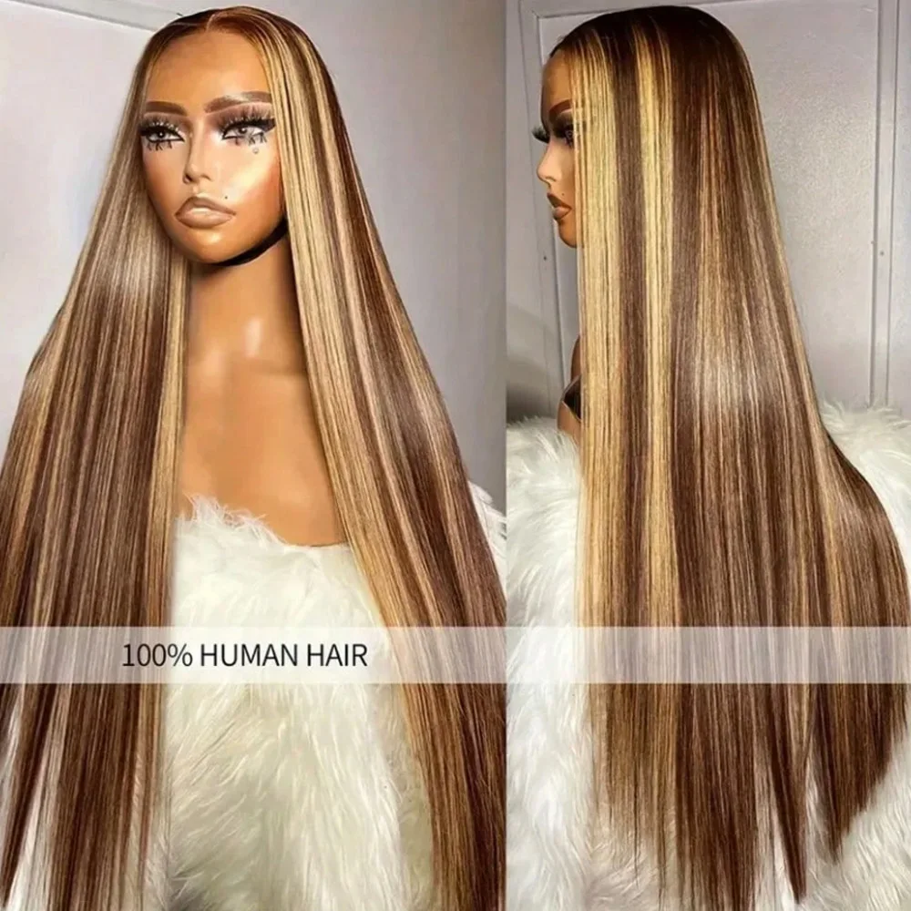 32 Inch 200% Density Fashion Honey Blonde Long Straight Lace Front Wigs Human Blended Hair 13x4 HD Transparent Straight Lace Wig