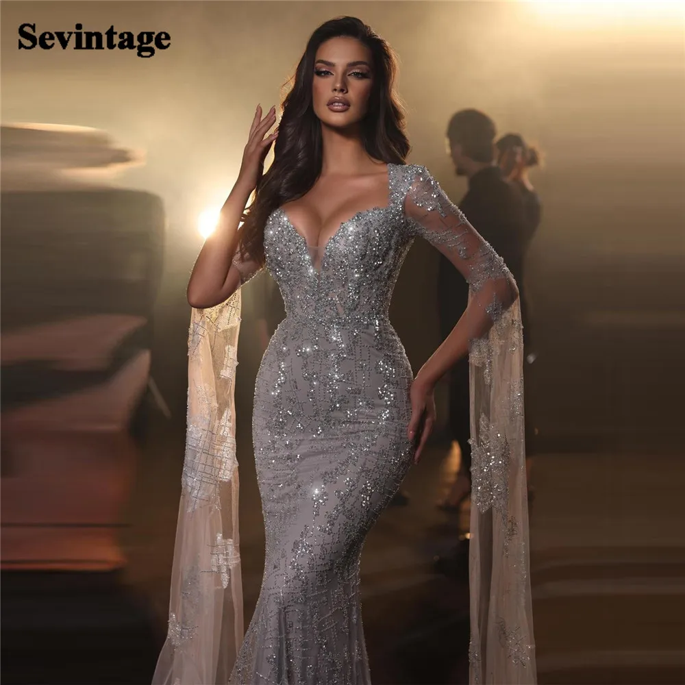 

Sevintage Noble Glitter Sequin Evening Dresses Sweetheart Cape Sleeves Women Wedding Party Gowns Lace Formal Prom Dresses 2023