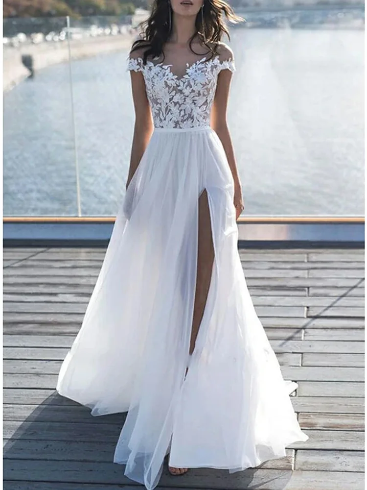 

VENSANAC Lace Appliques Sash Boho A Line Wedding Dress Illusion Short Sleeve Side Slit Sweep Train Bridal Gown