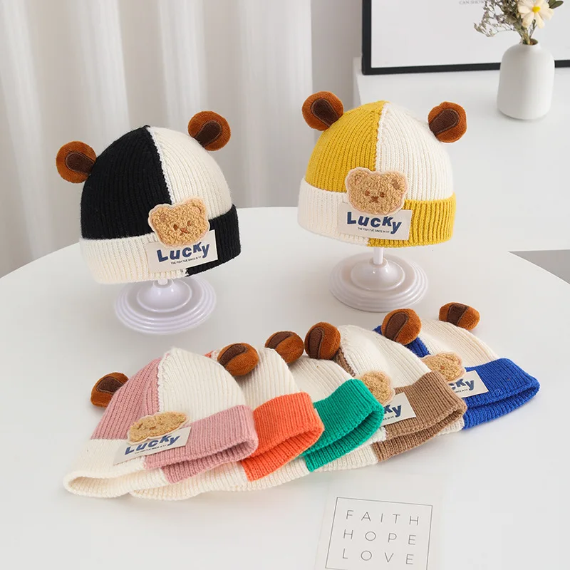 Winter Baby Cartoon Beanie Cap Kids Cute Bear Ear Ear Protection Knitted Hat Boy Girls Warm Woolen Pullover Beanies Children