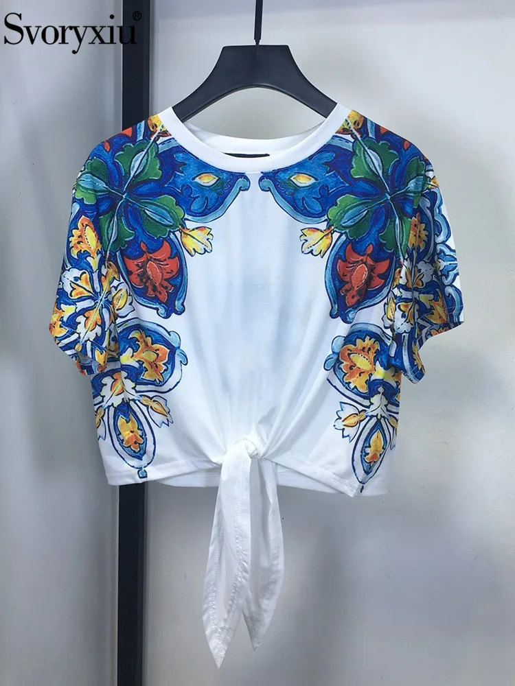 

Svoryxiu Summer Fashion Designer Casual T-Shirts Women's O-Neck Loose Short Sleeve Geometric Pattern Print Lace Up Tops