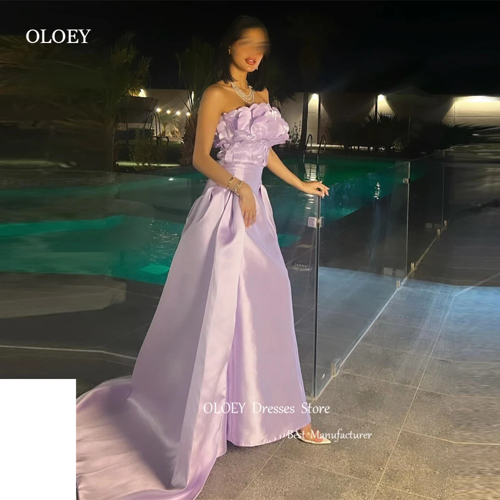 

OLOEY Elegant Purple Saudi Arabic Women Evening Dresses Strapless 3D Flowers Prom Gowns Long Formal Party Dress