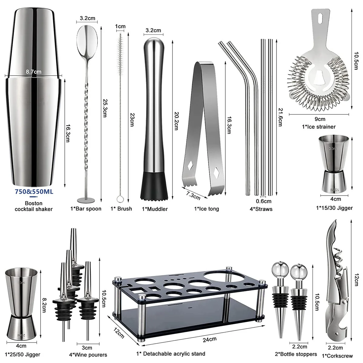 Cocktail Shaker Boston Cocktail Shaker Set 20-Piece Bartender Kit for Home Bar Drink Wine Martini Mixer Cocktail Shaker Bartender Tool 550&750ML