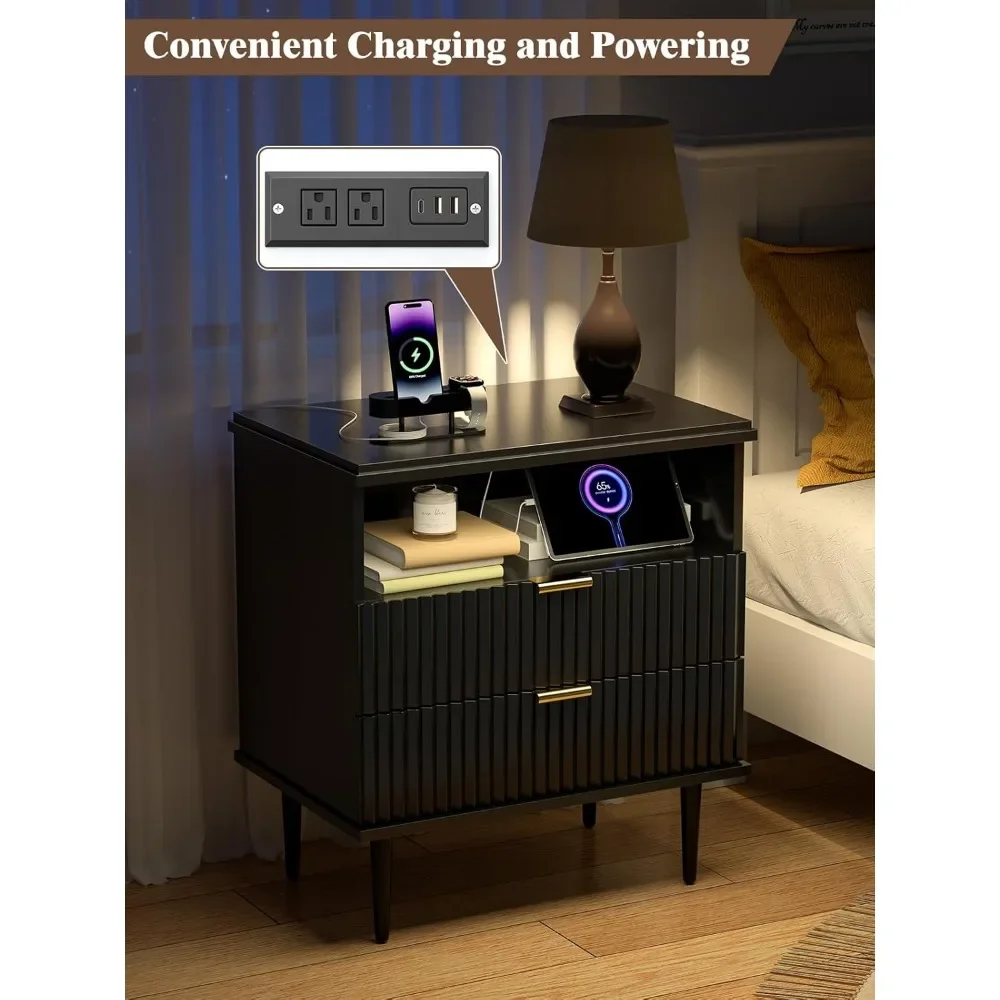With Charging Station, Wide Fluted Nightstand,  Dresser with Storage Drawers, Bedside Table with Metal Handle & Leg 3