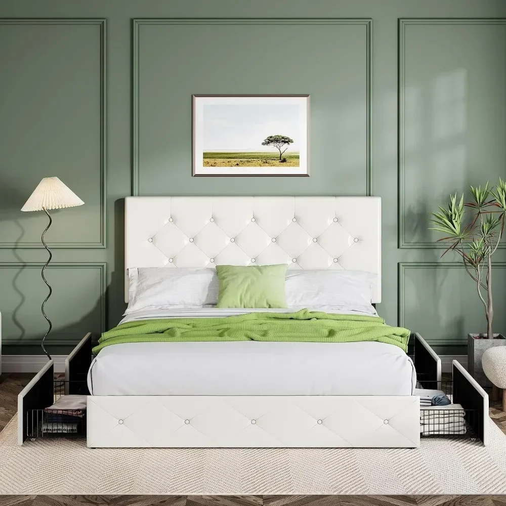 

Upholstered Full Size Platform Bed Frame with 4 Storage Drawers & Headboard, Diamond Stitched Button Tufted, Mattress Foundation
