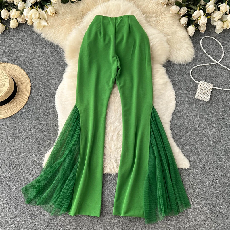 Women Elegant Mesh Patchwork Flare Pants High Waist Wide Leg Trousers Practice Dancing Performance Clubwear Belly Dance Pants