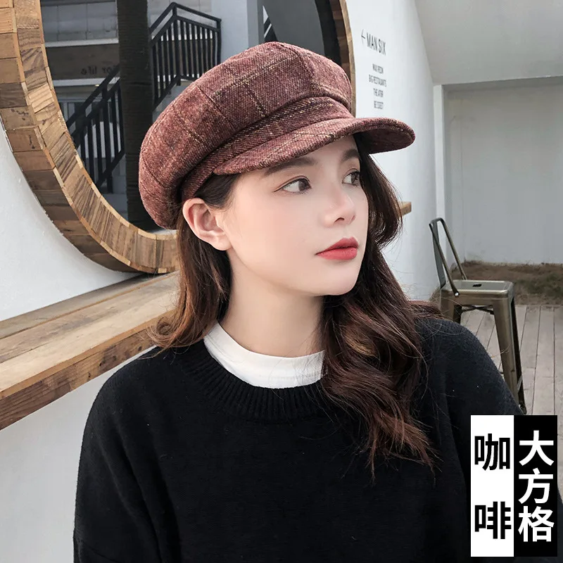 COKK Newsboy Cap Women Autumn Winter Octagonal Caps Artist Painter Hats For Women Men Beret Peaked Cap Female Male Vintage PLaid