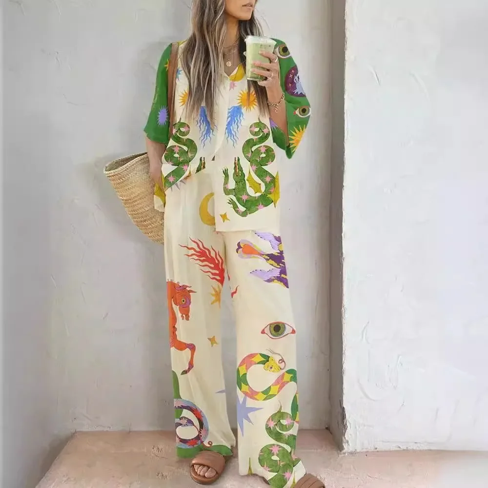 

Женская рубашка и брюки из хлопка и льна с принтом, Модный повседневный комплект, 2024