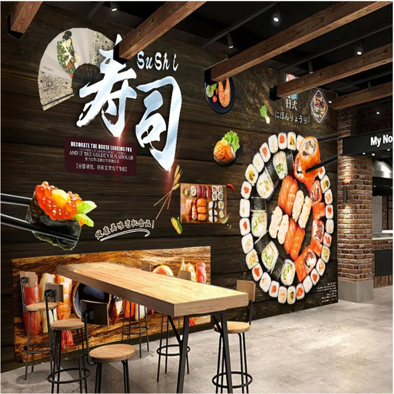 Papel de Parede Renovação Placa de Madeira Preta Personalizado 3d Japonês Sushi Restaurante Pintura de Decoração Industrial 3d Foto Wallpapers