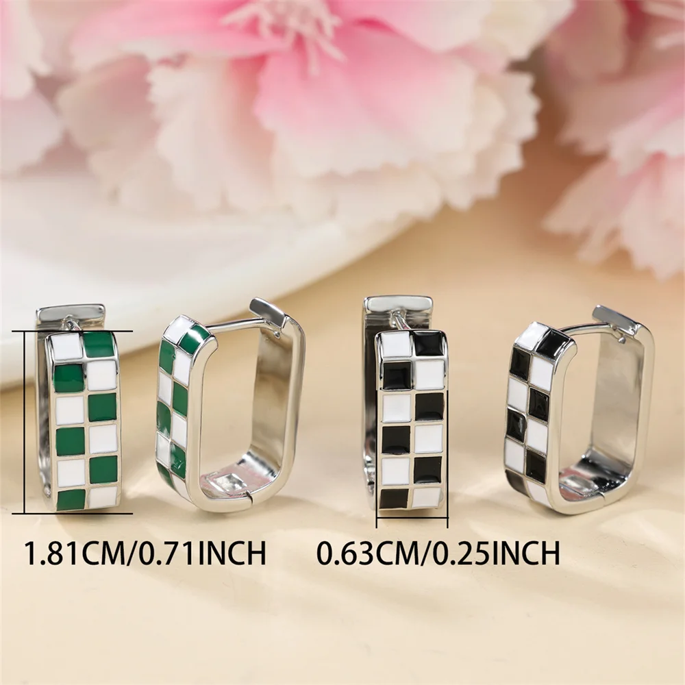 Green Black and White Checkered Pattern Squar Hoop Earrings For Women Vintage Gold Silver Color Wedding Jewelry Minimalist Gifts