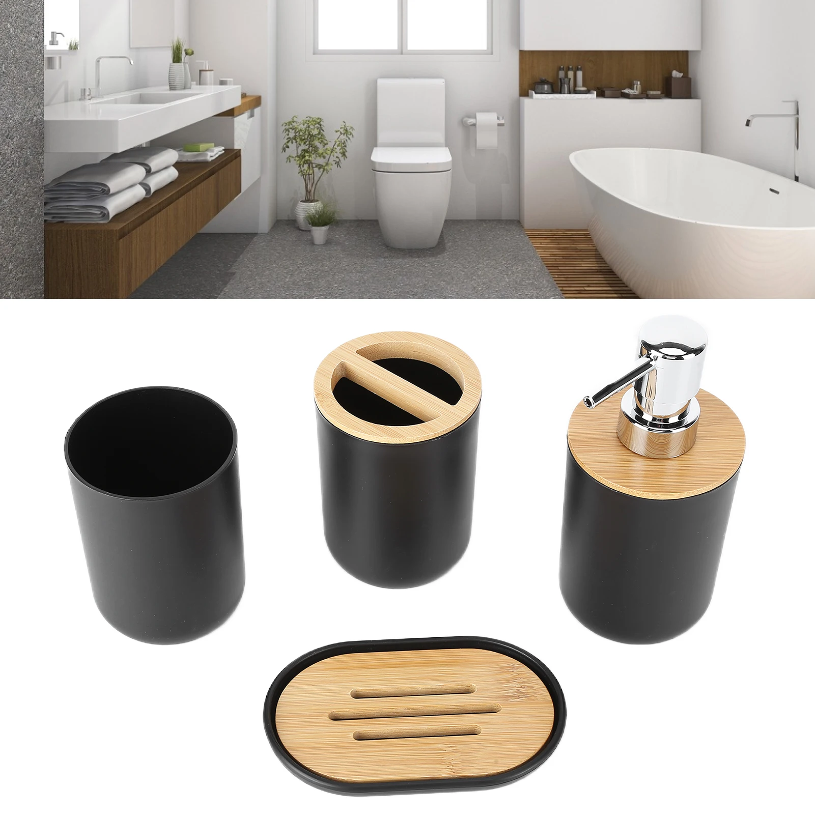 Bamboo Waterproof Bathroom Accessory Set Toothbrush Holder Dispenser Image 3
