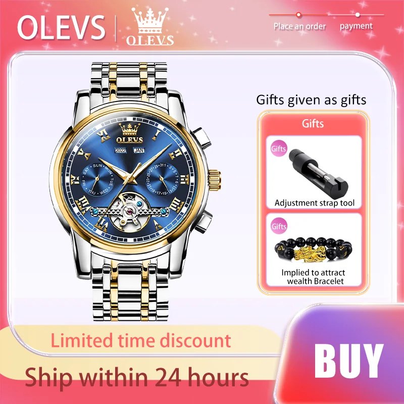 OLEVS Top Brand Men's Watches waterproof Fully Automatic Mechanical Watch Calendar Week Hollow Out Luminous Male Wristwatch windproof 125 cm large fully automatic folding umbrella for men sunny and rainy sunshade thickened waterproof sunproof umbrellas