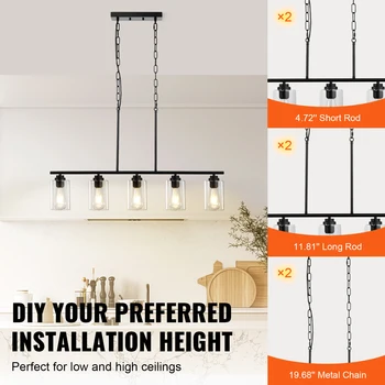 VEVOR 5-Light Kitchen Island Pendant Lights 60W with Clear Glass Lampshade 4 Rods 2 Metal Chains Farmhouse Linear Chandeliers 3