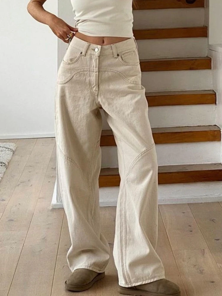

ADAgirl Boyfriend Jeans for Women Harajuku Loose Vintage Beige Straight Wide Leg Denim Trousers Y2k American Street Female Pants