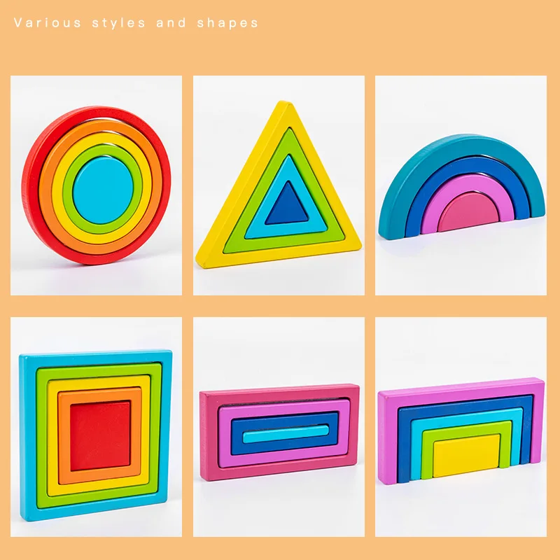 Montessori Rainbow Nesting Stacking Toys Wooden Building Blocks Balance Game Art Geometric Creative Educational Toys Kids Gifts