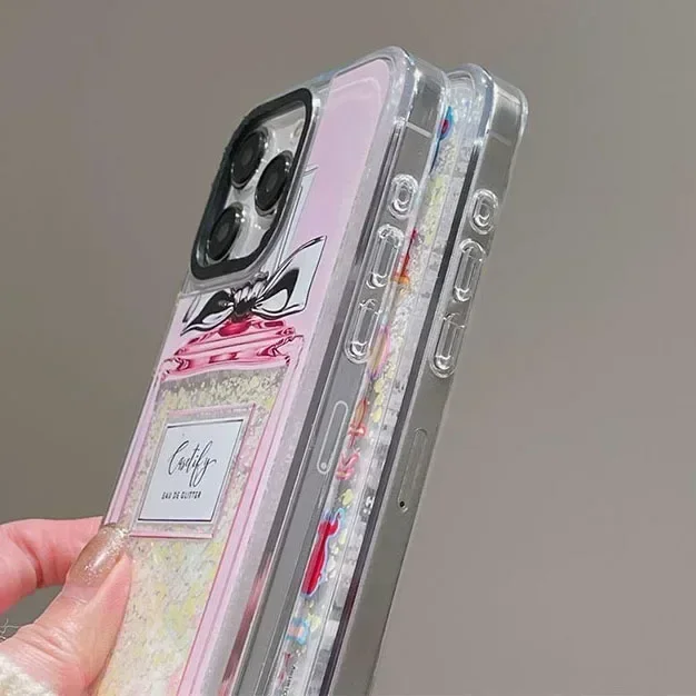 Transparent Border Silver Quicksand Perfume Bottle iPhone 12 13 14 15 Pro Max Case - Protective iPhone Case