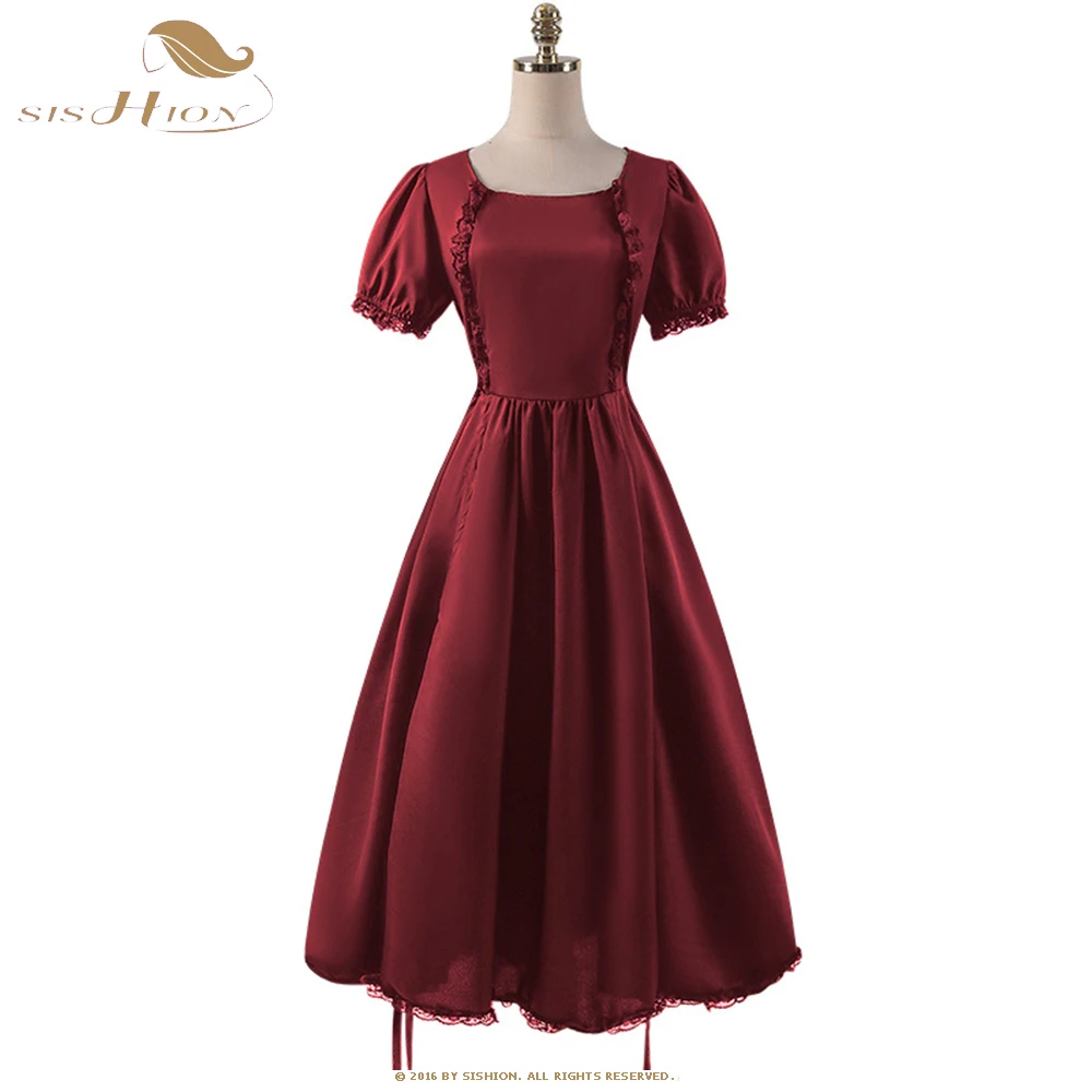 

Victoria Performance Medieval Vintage Puff Sleeve Gothic Swing Dress Black Red Drawstring Lace Up Palace Party Dresses VD4041
