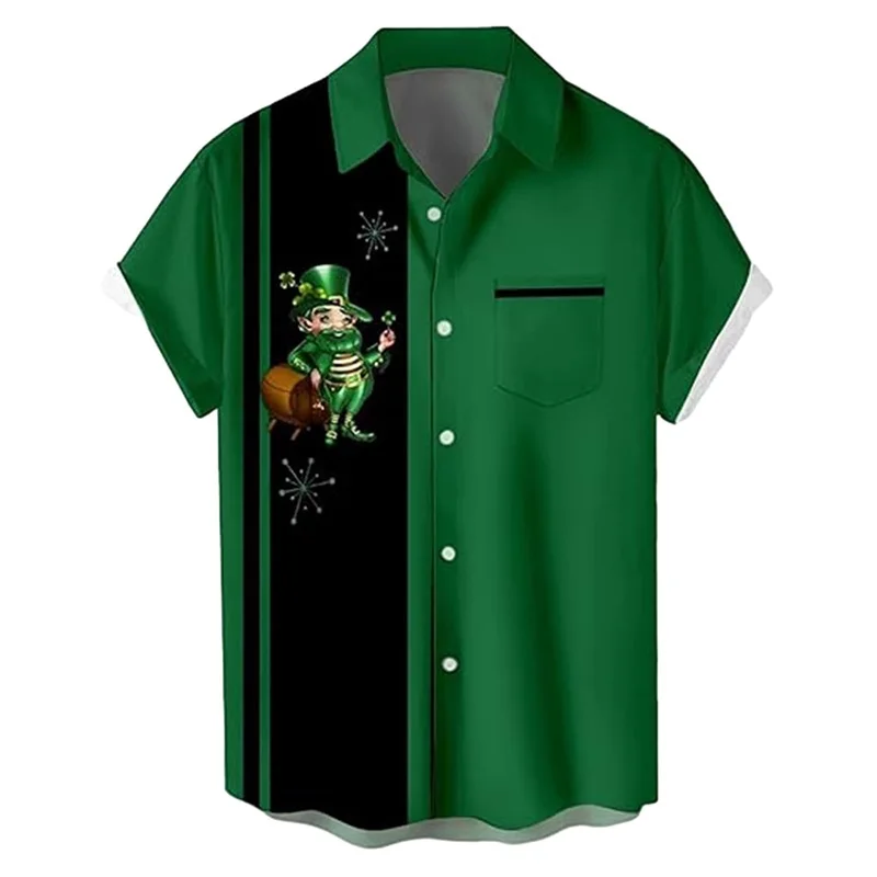 Camisa del Día de San Patricio para hombre, con estampado 3D, divertida camiseta de trébol verde, camisa informal de manga corta con botones para el Día de San Patricio para hombre