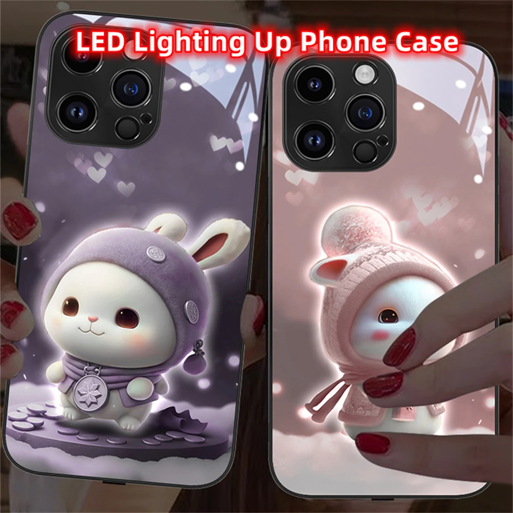 

Kawaii Bunny LED Light Glowing Luminous Tempered Glass Back Phone Case For Samsung S24 S23 S22 S21 S20 FE Note20 Plus Ultra A54