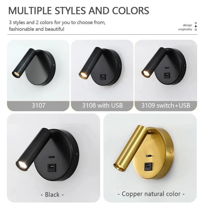 Modern LED Wall Lamp Folding 350 Degree Rotating Wall Lamp with USB Charging Interface Hotel Bedroom Bedside Study Reading Light