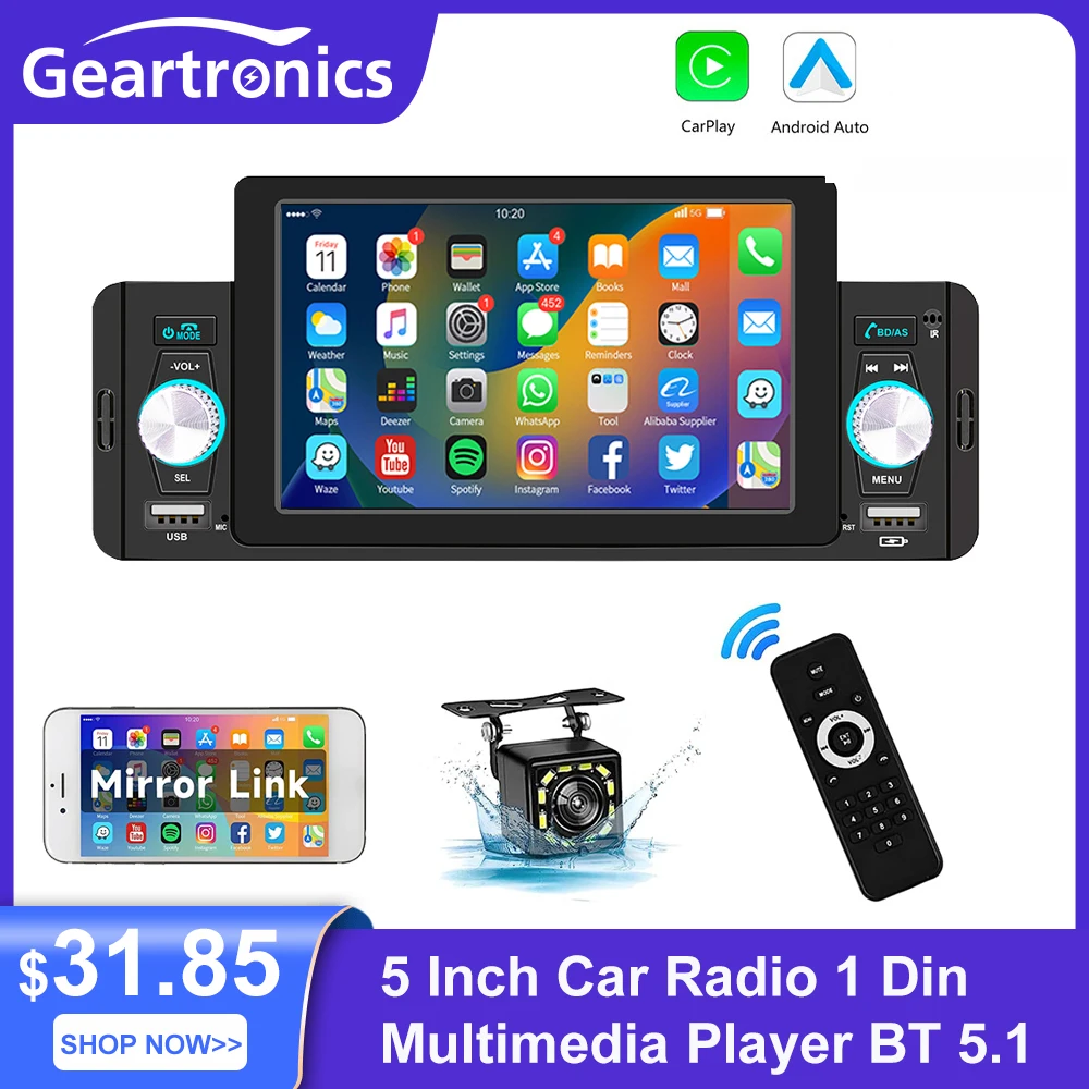 

Car Radio 1 Din Apple Carplay Android Auto 5 Inch Touch Screen Car Multimedia Player FM Receiver Camera For Volkswagen Nissan
