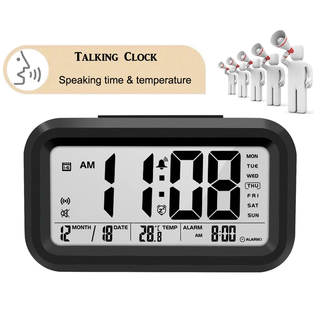 English Talking Clock Speaking Time and Temperature Digital Bedroom Snooze Alarm Clock with Thermometer for Kid Children Wake Up