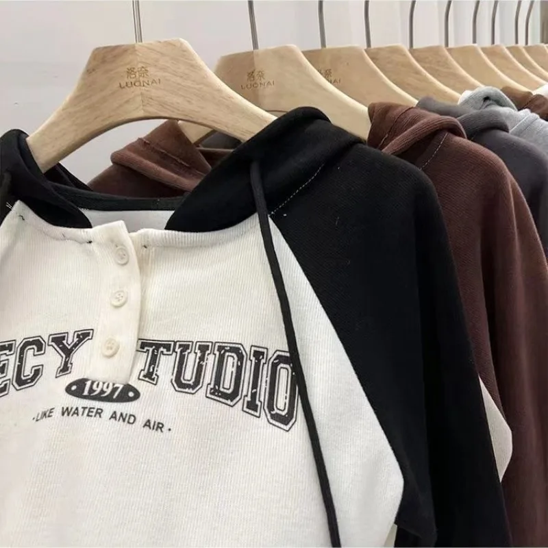 Autumn and Winter Women's Pullover Hooded Letter Printing Button Contrast Drawstring Sports Hoodies Fashion High Street Tops