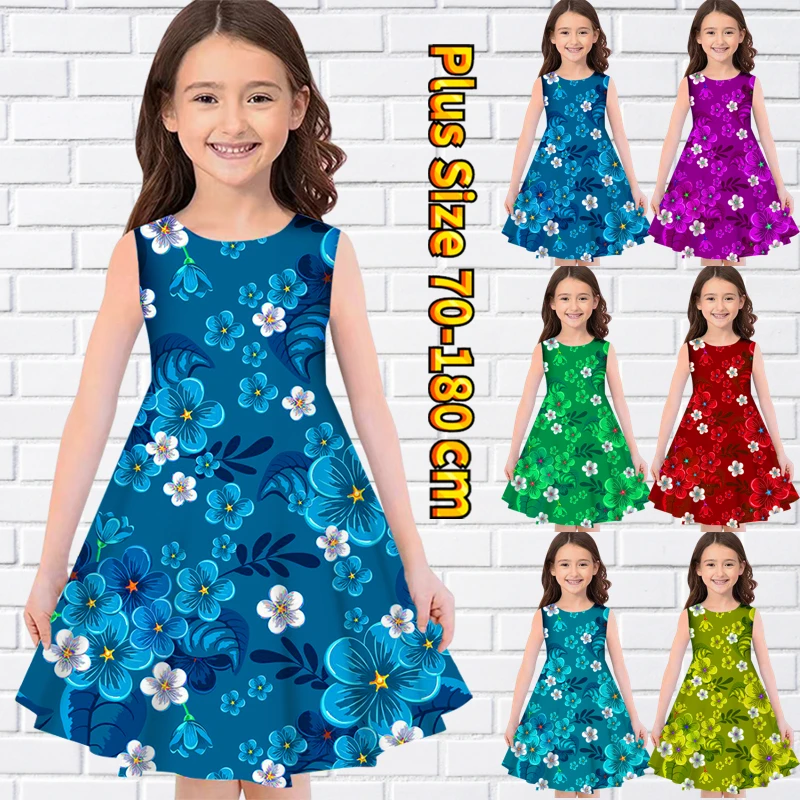 

Sleeveless Flower Print Party Dress Little Girl Round Neck Fashion Princess Dress Summer Girl Everyday Dress Loose Midi Skirt