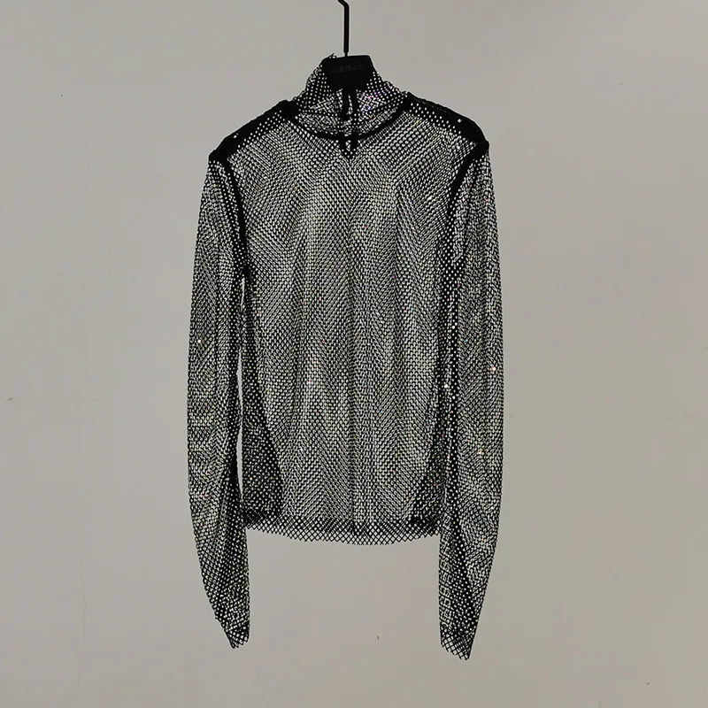 

Sexy See Through Top Women Summer High-necked Diamonds Rhinestone Mesh Slim Base Shirt Cover Up Lady Fashion Party Club Blouses