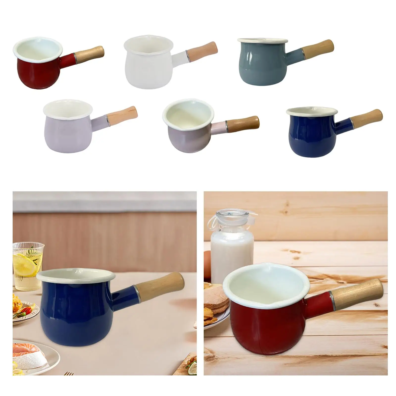 500ml Enamel Milk Pan Small Food Warmer Multifunctional Small Cooking Pot Small Enamelware Butter Warmer with Wooden Handle