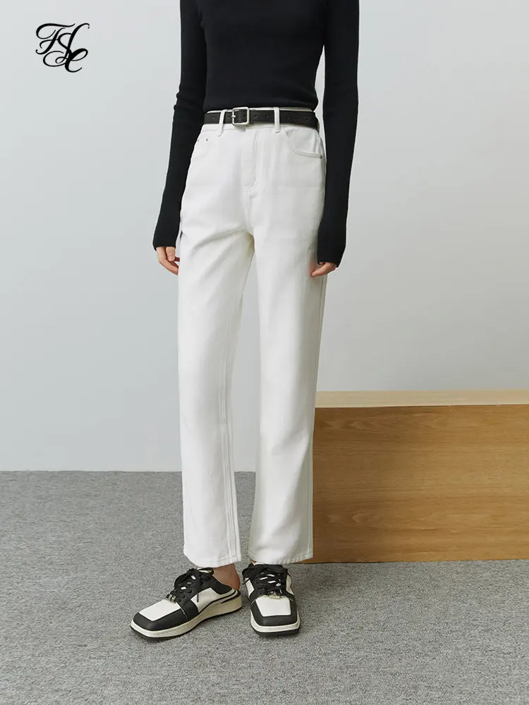 

FSLE Women's White Straight High Waist Jeans 2022 Winter New 100% Cotton Denim Regualr Straight Office Lady Long Trousers