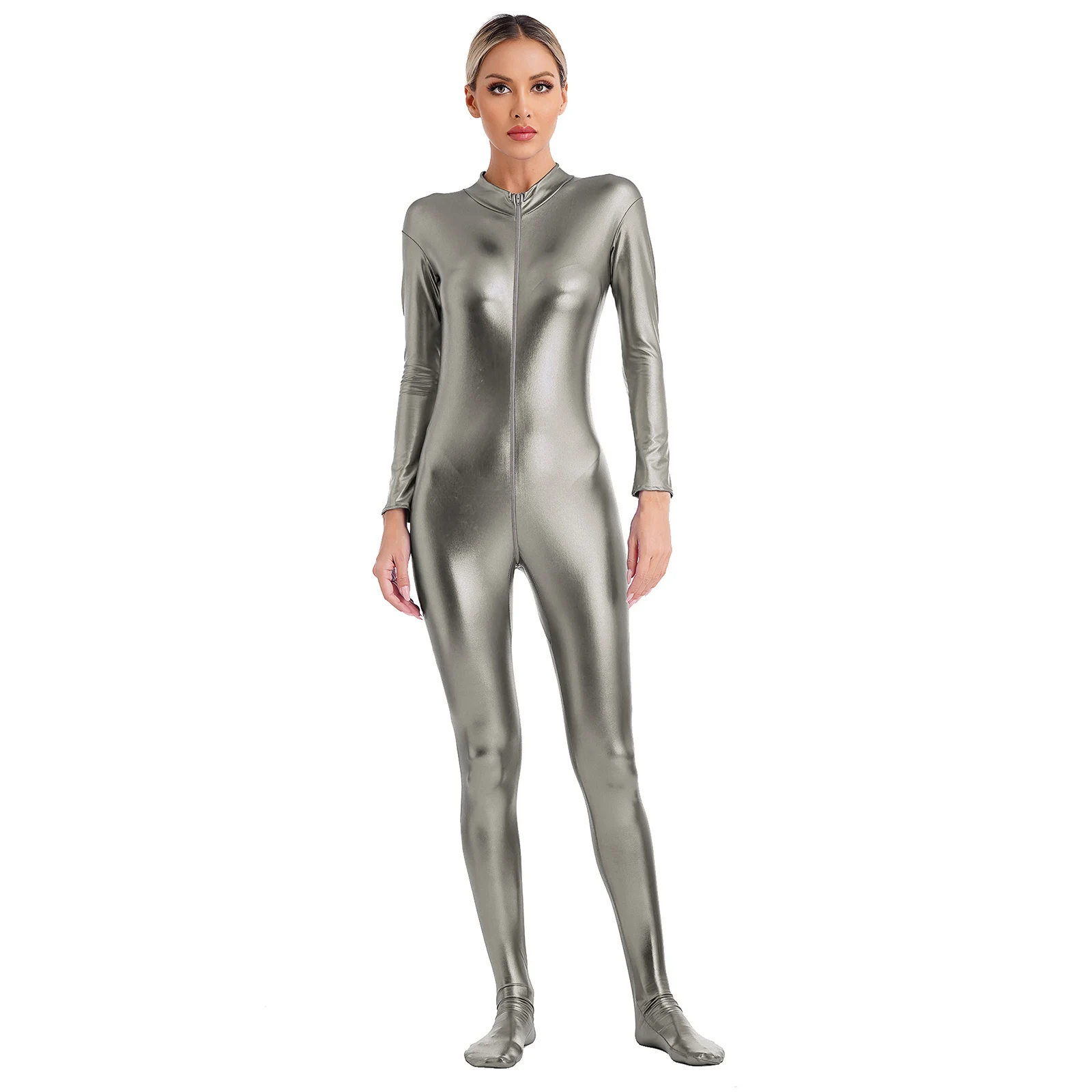 Gymnastics unitard Womens Metallic Shiny Zentai Jumpsuit Mock Neck Long Sleeve Zipper Full Body Unitard Tights for Gymnatics Performance Clubwear