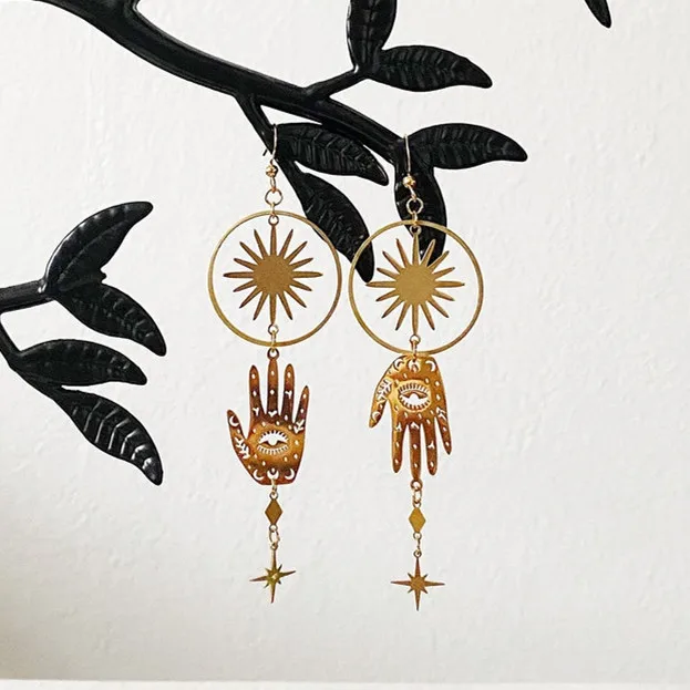 

Handmade Star Palm Gold Drop Earrings - Boho Jewelry -Bohemian Moon Luna Sun