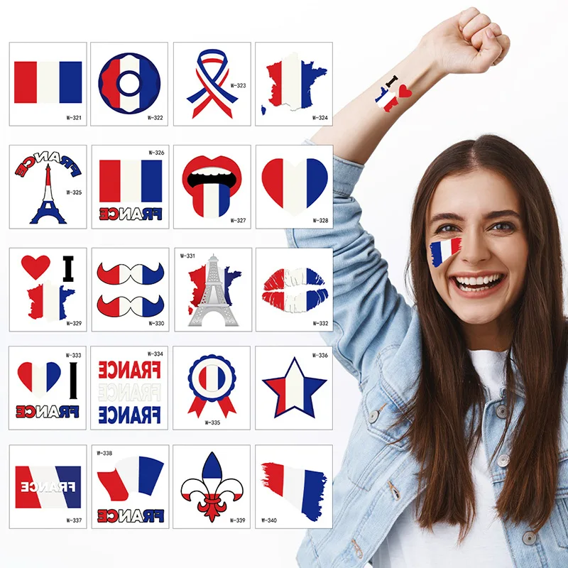 20Pcs/Set Temporary Tattoos France Flag Paris Torch Tattoo Stickers French Event Carnival Element Arm Facial Waterproof Stickers