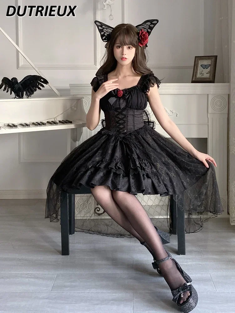 

Original Dark Rose Lolita Gothic Style Girl Sweet Spicy Op Dress Short Sleeve Princess Fitted Waist Black Bubble Dresses