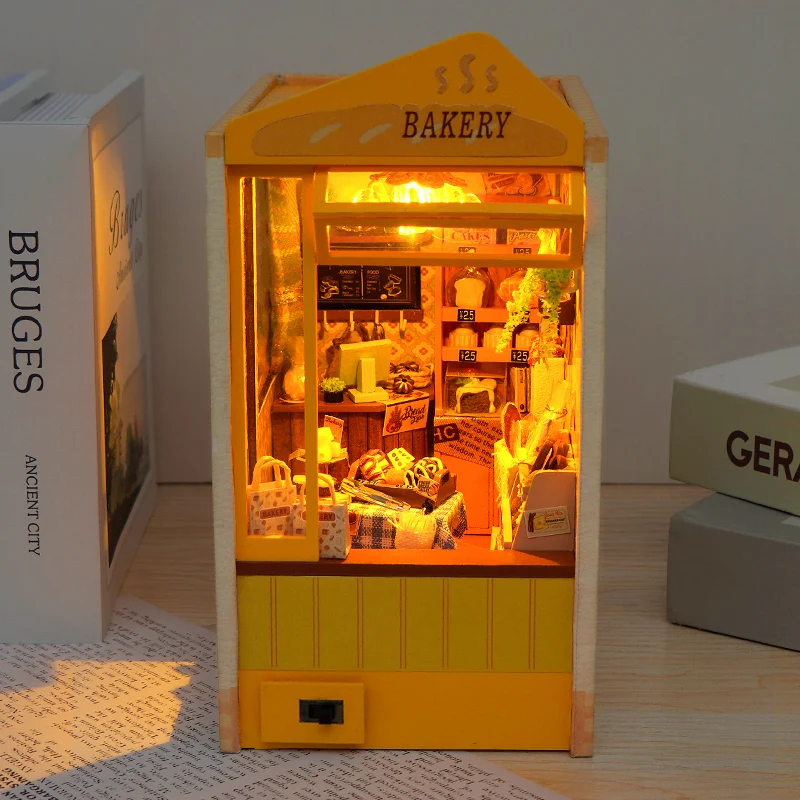 DIY Wooden Bakery Shop Book Nook Shelf Insert Miniature Model Kits With Furniture Bookshelf Bookend for Friends Birthday Gifts 2