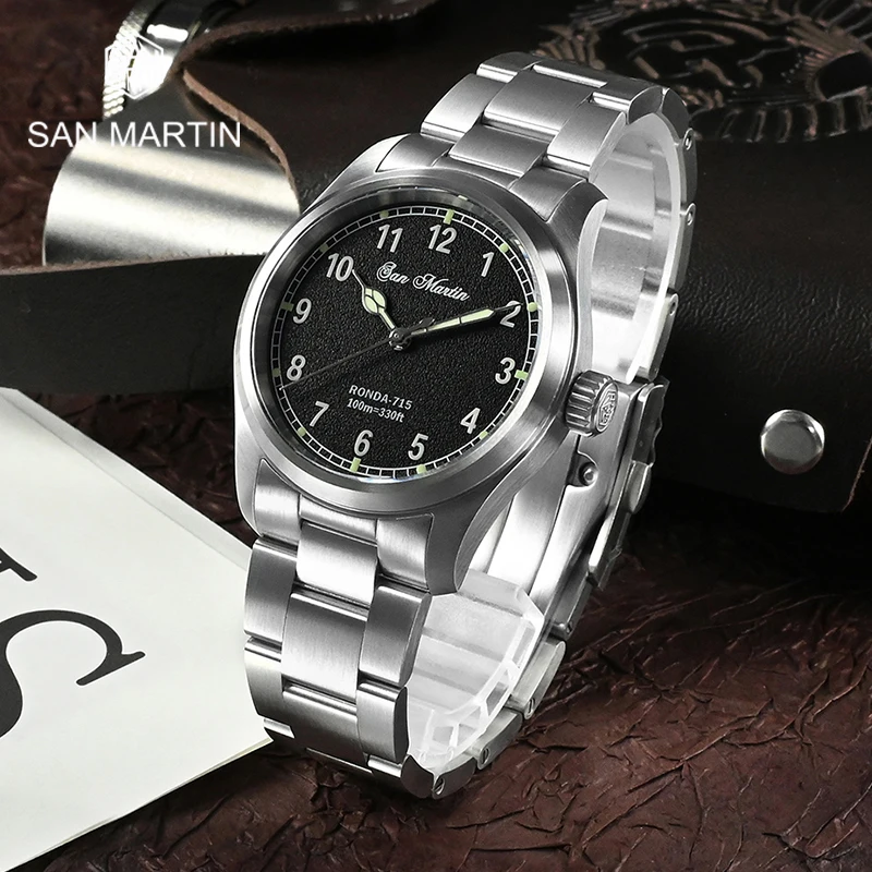 

San Martin New Men Pilot Watch 37mm RONDA 715 Fire Pattern Dial Military Simple Fashion Style Quartz Movement 10 Bar Luminous