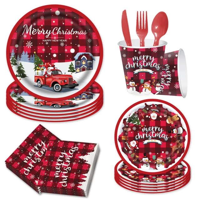 Christmas Checked Disposable Tableware Set Xmas Dinning Table Decorations Paper Plates Cup Dessert Dish Napkins Christmas Decor