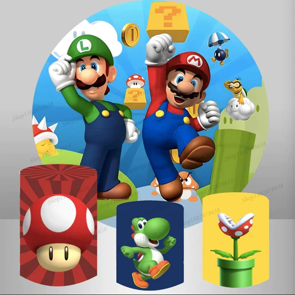 Fondale Super Marios Bros Tema Round Covers Ragazzi Festa Di Compleanno Sfondo Decor Baby Shower Plinth Cilindro Banner Elastico