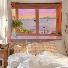  Window Tapestry Scenery Background Home INS Hanging Wall Cloth Sunset Glow Fabric Room Bedroom Bedside Decoration Tapestries 