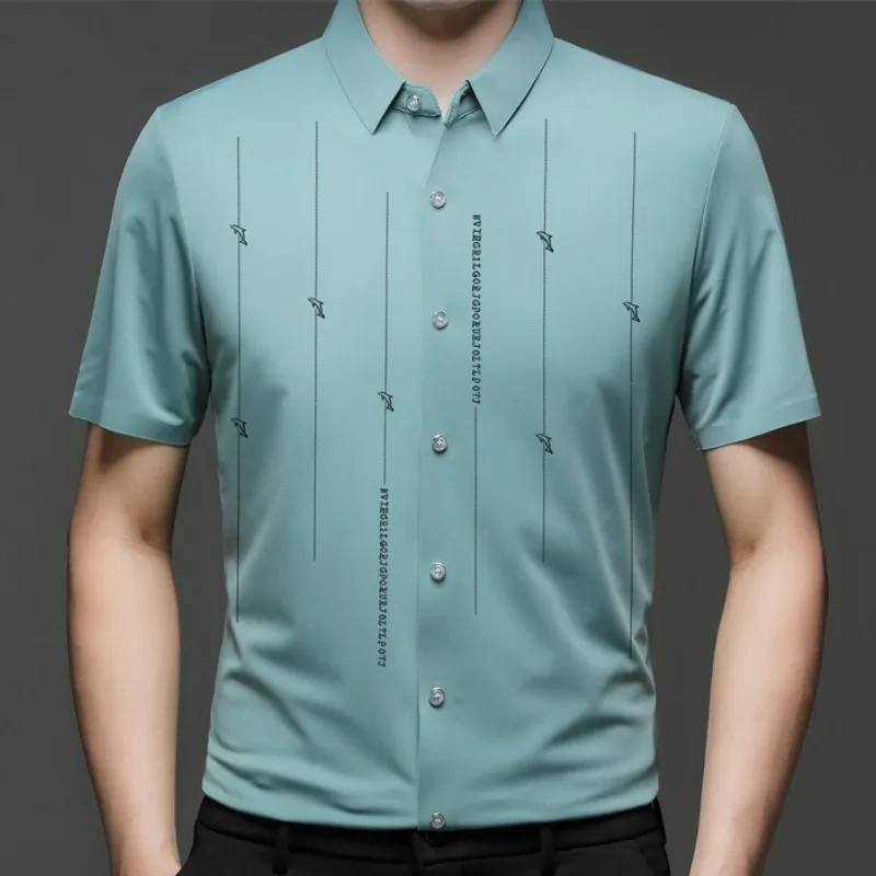 Summer New Shirts for Men Short Sleeve Turn-down Collar Traceless Printing Fashion Blouse Button Striped Casual Loose Slim Tops 3