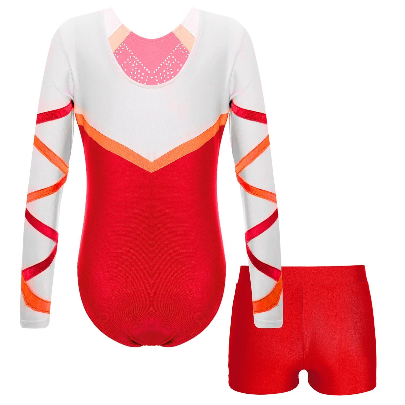 Kids Girls Ballet Gymnastics Outfit Rhinestones Rhythmic Gymnastic Leotard Bodysuit with Shorts Teens Stage Performance Clothes